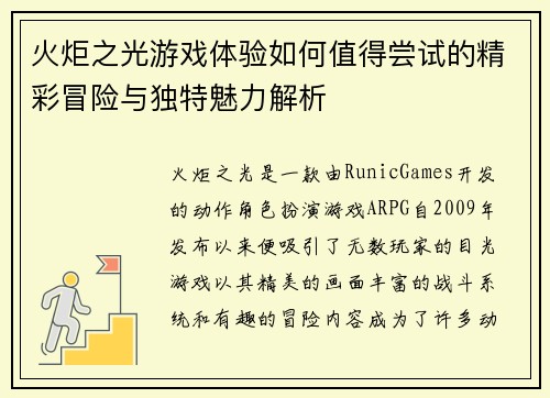 火炬之光游戏体验如何值得尝试的精彩冒险与独特魅力解析 火炬之光游戏体验如何值得尝试的精彩冒险与独特魅力解析
